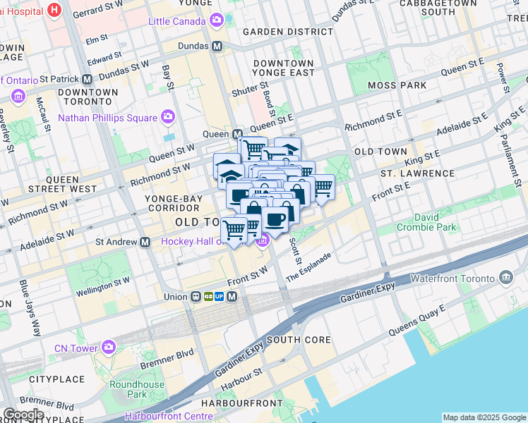 map of restaurants, bars, coffee shops, grocery stores, and more near in Toronto
