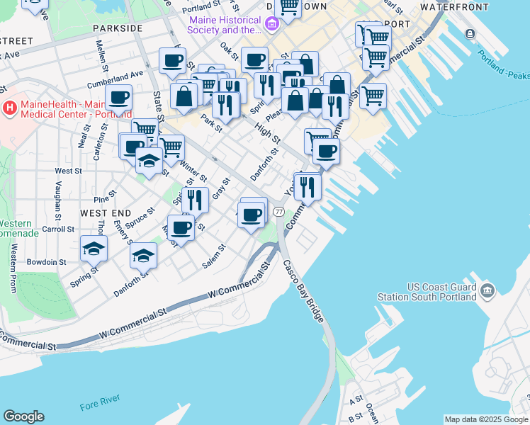map of restaurants, bars, coffee shops, grocery stores, and more near 194 York Street in Portland