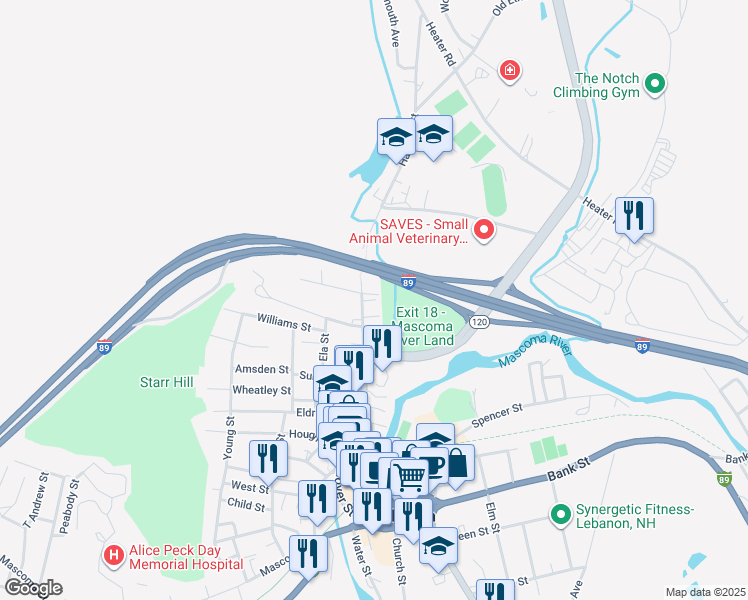 map of restaurants, bars, coffee shops, grocery stores, and more near 137 Hanover Street in Lebanon