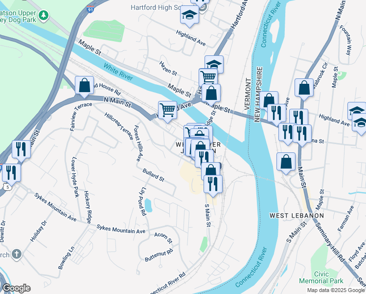 map of restaurants, bars, coffee shops, grocery stores, and more near 151 Gates Street in Hartford