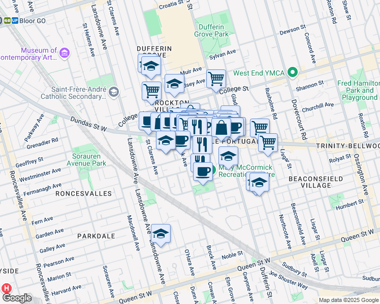 map of restaurants, bars, coffee shops, grocery stores, and more near in Toronto