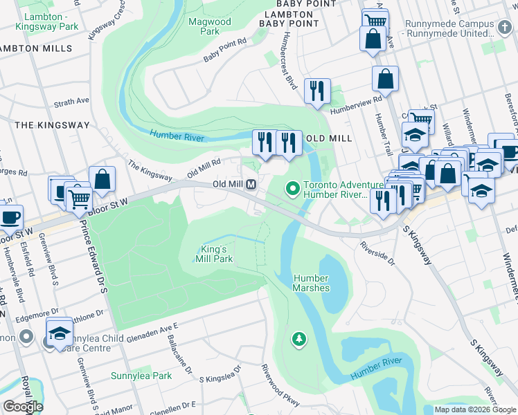 map of restaurants, bars, coffee shops, grocery stores, and more near 2645 Bloor Street West in Toronto