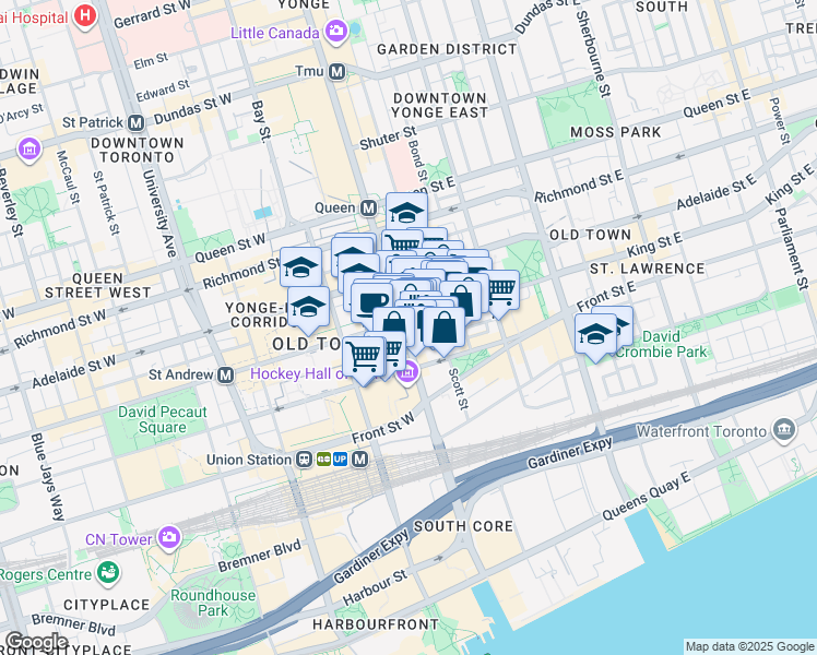 map of restaurants, bars, coffee shops, grocery stores, and more near 69 Yonge Street in Toronto