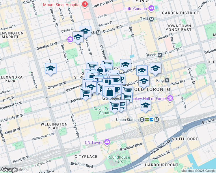 map of restaurants, bars, coffee shops, grocery stores, and more near 126 Simcoe Street in Toronto