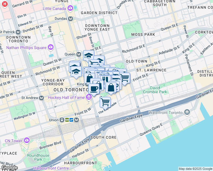 map of restaurants, bars, coffee shops, grocery stores, and more near 11 Leader Lane in Toronto