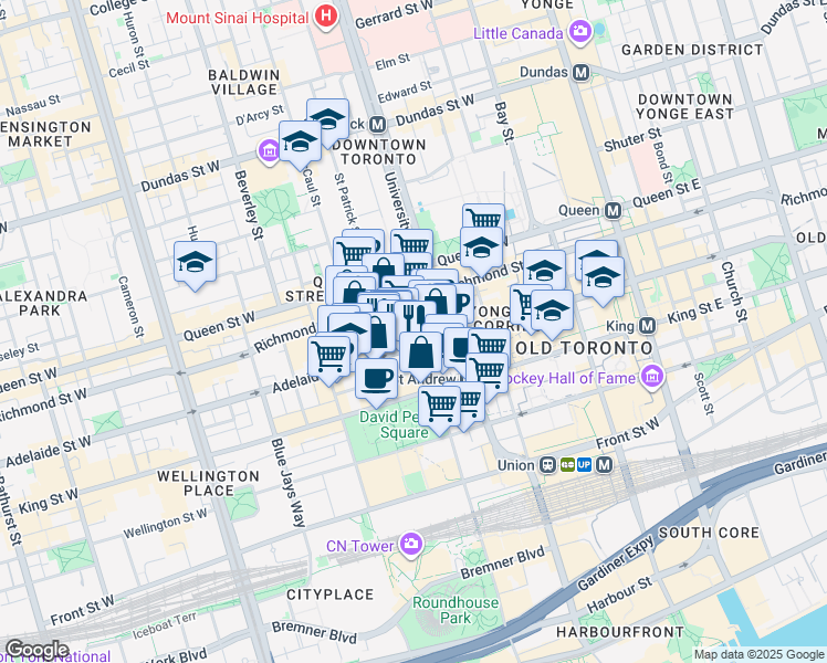 map of restaurants, bars, coffee shops, grocery stores, and more near 126 Simcoe Street in Toronto