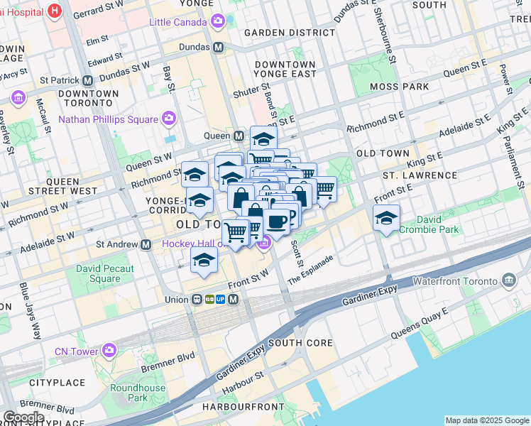 map of restaurants, bars, coffee shops, grocery stores, and more near in Toronto