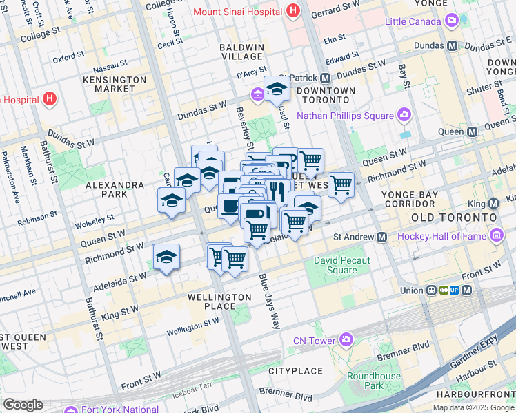 map of restaurants, bars, coffee shops, grocery stores, and more near 330 Richmond Street West in Toronto