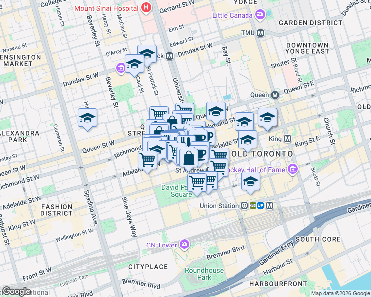 map of restaurants, bars, coffee shops, grocery stores, and more near 126 Simcoe Street in Toronto