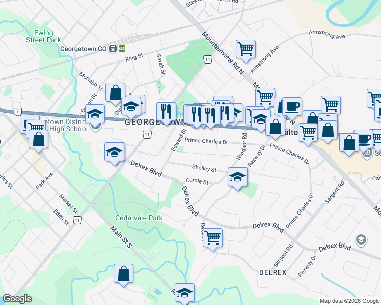 map of restaurants, bars, coffee shops, grocery stores, and more near 19 Byron Street in Georgetown