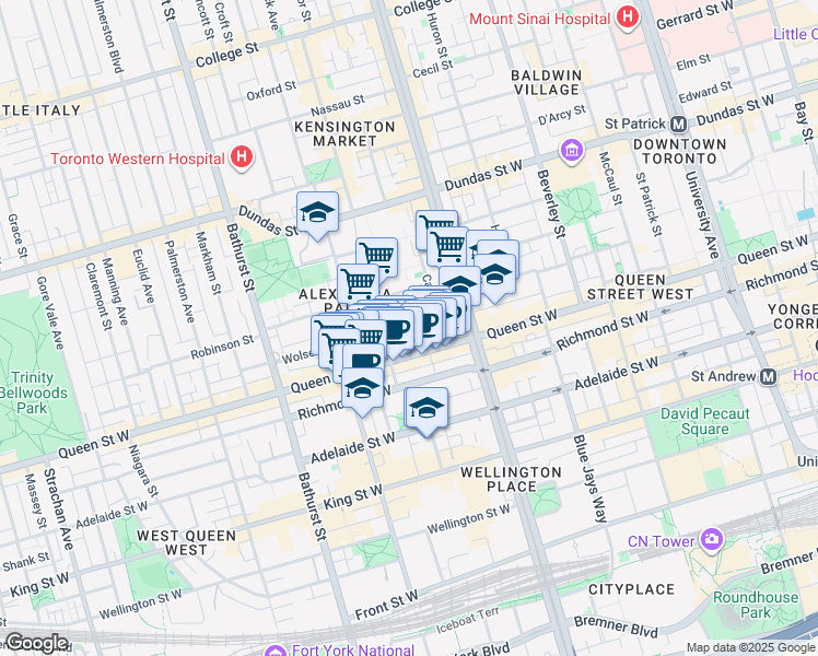 map of restaurants, bars, coffee shops, grocery stores, and more near 20 Vanauley Street in Toronto