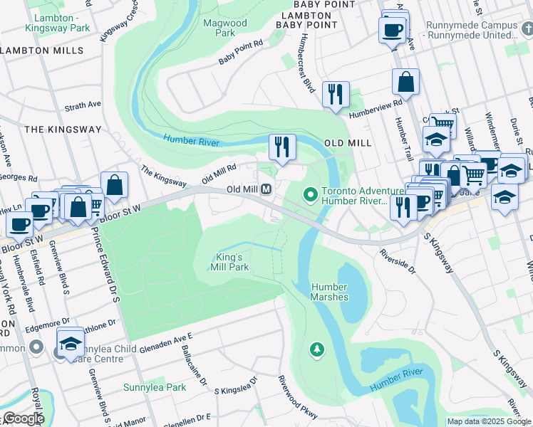 map of restaurants, bars, coffee shops, grocery stores, and more near 2649 Bloor Street West in Toronto