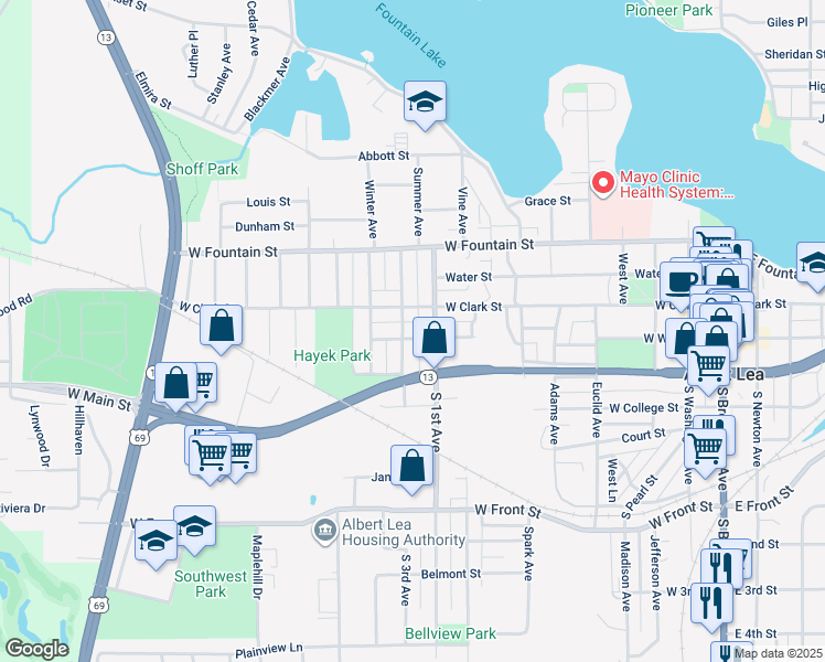 map of restaurants, bars, coffee shops, grocery stores, and more near 209 South 2nd Avenue West in Albert Lea