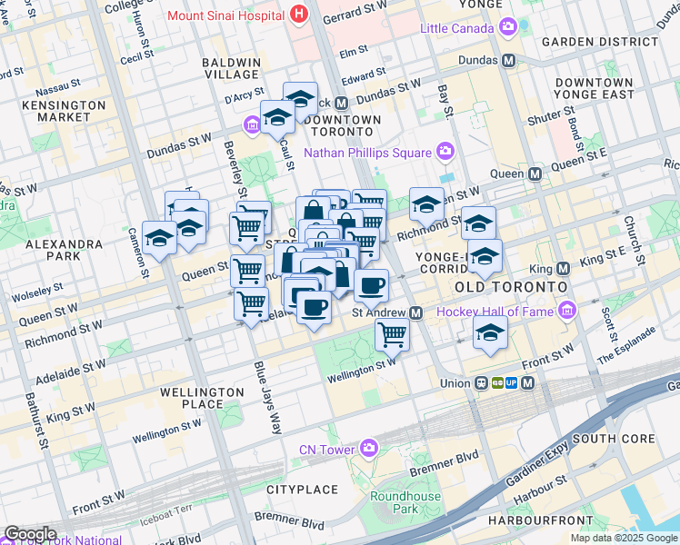 map of restaurants, bars, coffee shops, grocery stores, and more near 30 Nelson Street in Toronto