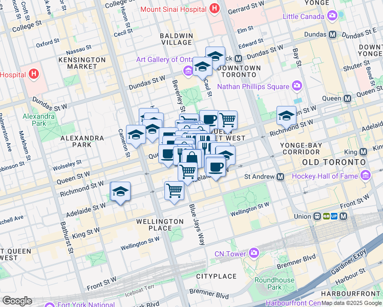 map of restaurants, bars, coffee shops, grocery stores, and more near 320 Richmond Street West in Toronto