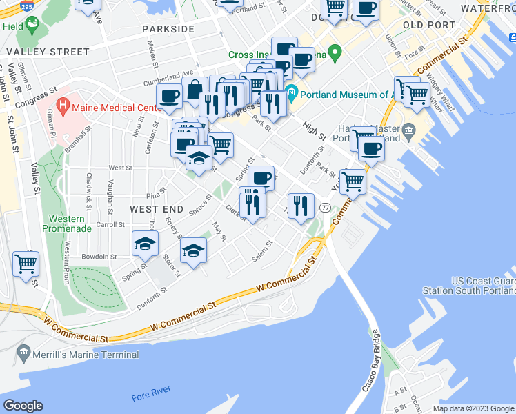 map of restaurants, bars, coffee shops, grocery stores, and more near 88 Brackett Street in Portland