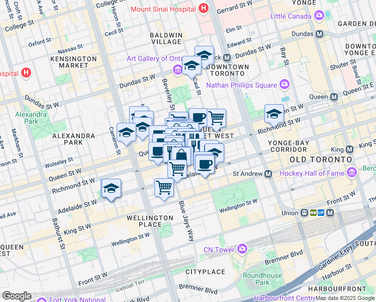 map of restaurants, bars, coffee shops, grocery stores, and more near 300 Richmond Street West in Toronto