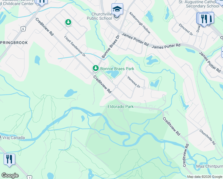map of restaurants, bars, coffee shops, grocery stores, and more near 2 Berkwood Hollow in Brampton