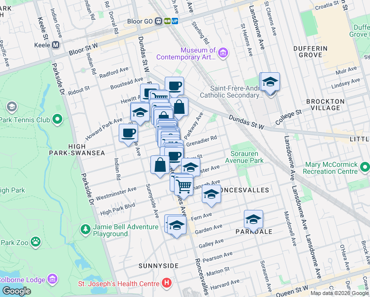 map of restaurants, bars, coffee shops, grocery stores, and more near 101 Grenadier Road in Toronto