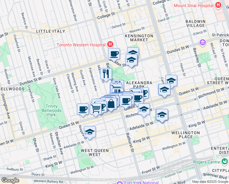 map of restaurants, bars, coffee shops, grocery stores, and more near 234 Bathurst Street in Toronto