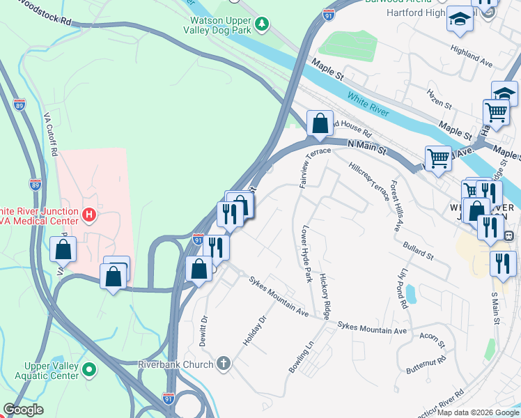 map of restaurants, bars, coffee shops, grocery stores, and more near 44 Oak Street in Hartford