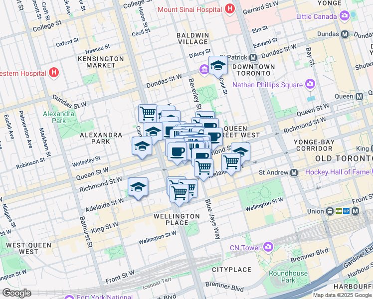 map of restaurants, bars, coffee shops, grocery stores, and more near in Toronto