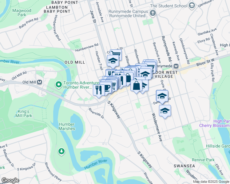 map of restaurants, bars, coffee shops, grocery stores, and more near 2453 Bloor Street West in Toronto
