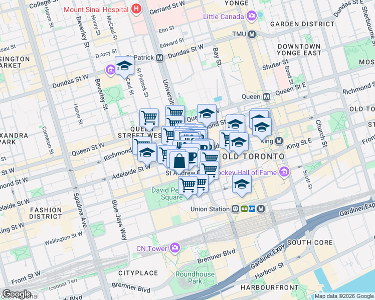 map of restaurants, bars, coffee shops, grocery stores, and more near 180 University Avenue in Toronto