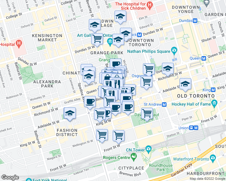 map of restaurants, bars, coffee shops, grocery stores, and more near in Toronto