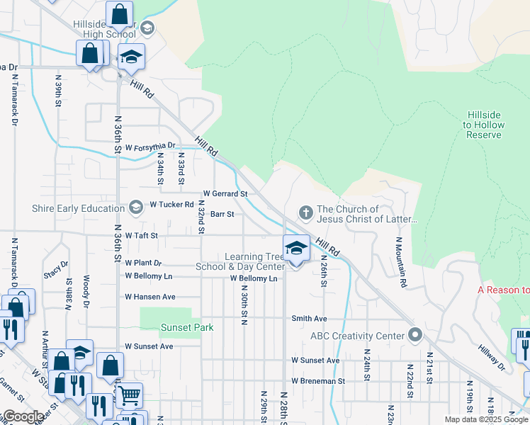 map of restaurants, bars, coffee shops, grocery stores, and more near 3110 North Treasure Drive in Boise