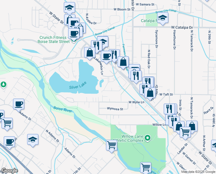 map of restaurants, bars, coffee shops, grocery stores, and more near 3324 North Lakeharbor Lane in Boise