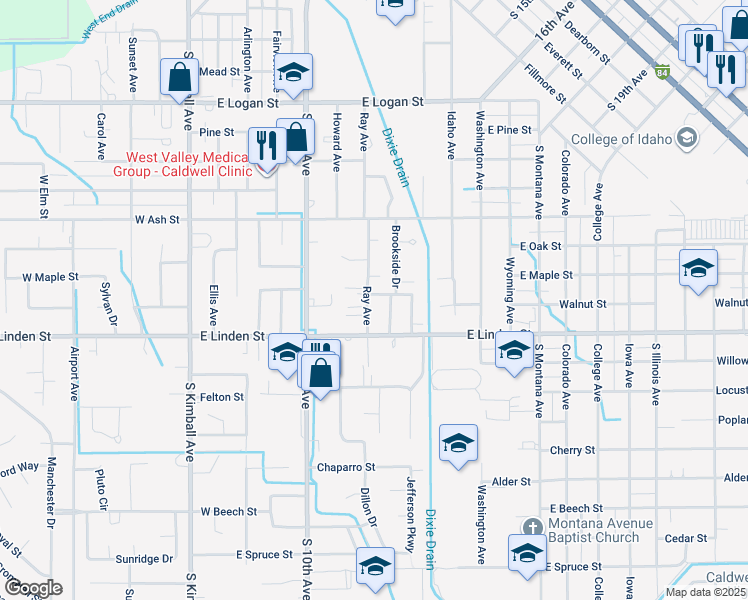 map of restaurants, bars, coffee shops, grocery stores, and more near 2415 Brookside Drive in Caldwell