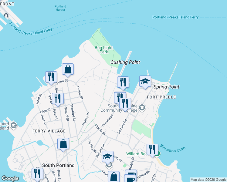 map of restaurants, bars, coffee shops, grocery stores, and more near 148 Breakwater Drive in South Portland