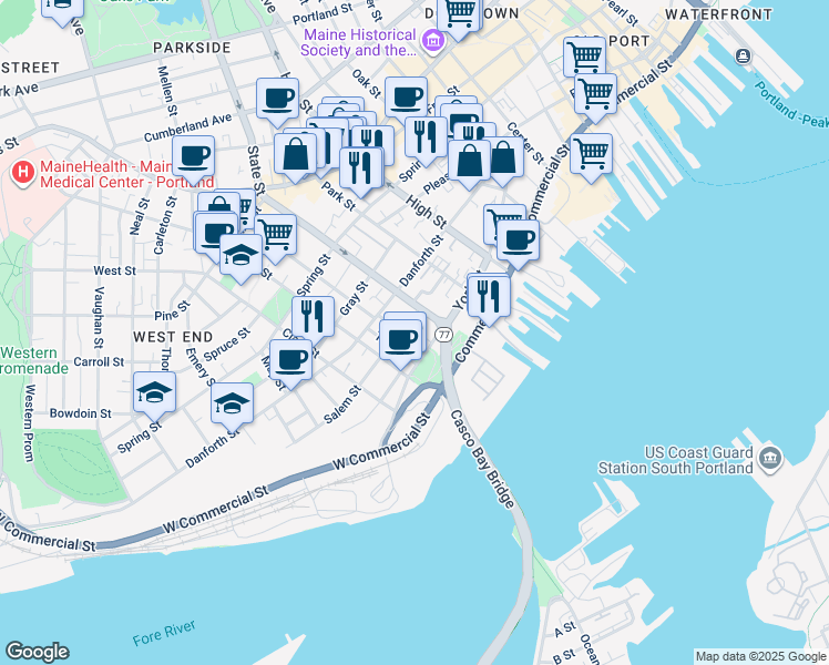 map of restaurants, bars, coffee shops, grocery stores, and more near 231 York Street in Portland
