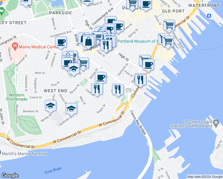 map of restaurants, bars, coffee shops, grocery stores, and more near 188 Danforth Street in Portland