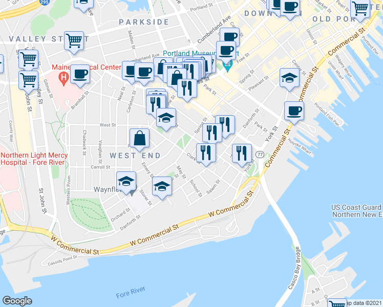 map of restaurants, bars, coffee shops, grocery stores, and more near 112 Clark Street in Portland