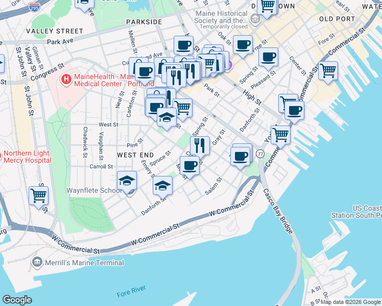 map of restaurants, bars, coffee shops, grocery stores, and more near 112 Clark Street in Portland
