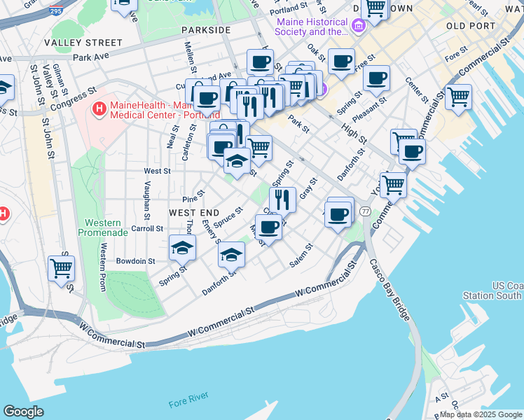 map of restaurants, bars, coffee shops, grocery stores, and more near 112 Clark Street in Portland