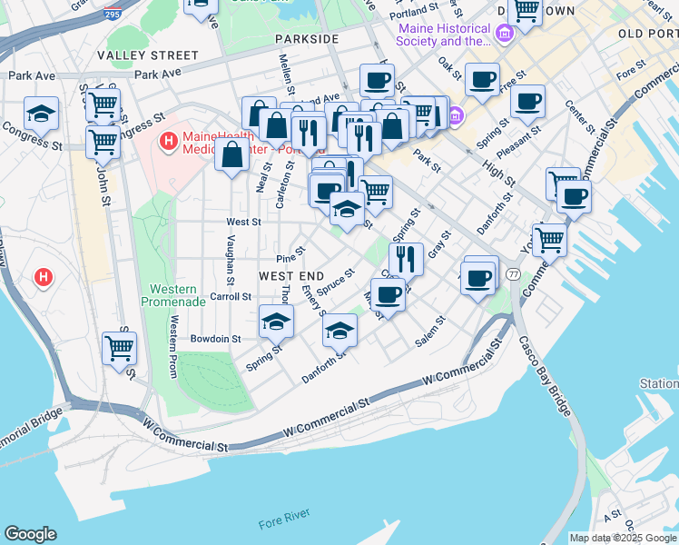 map of restaurants, bars, coffee shops, grocery stores, and more near 271 Spring Street in Portland
