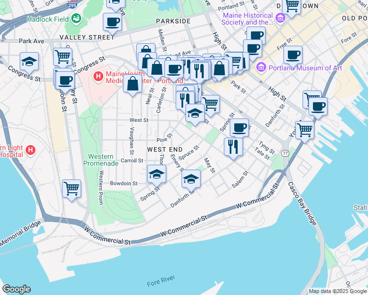 map of restaurants, bars, coffee shops, grocery stores, and more near 83 Spruce Street in Portland