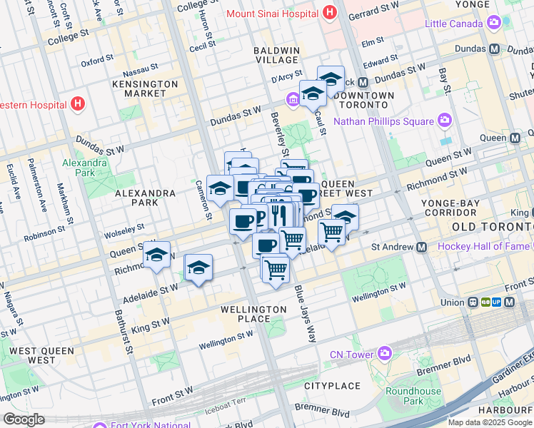 map of restaurants, bars, coffee shops, grocery stores, and more near in Toronto