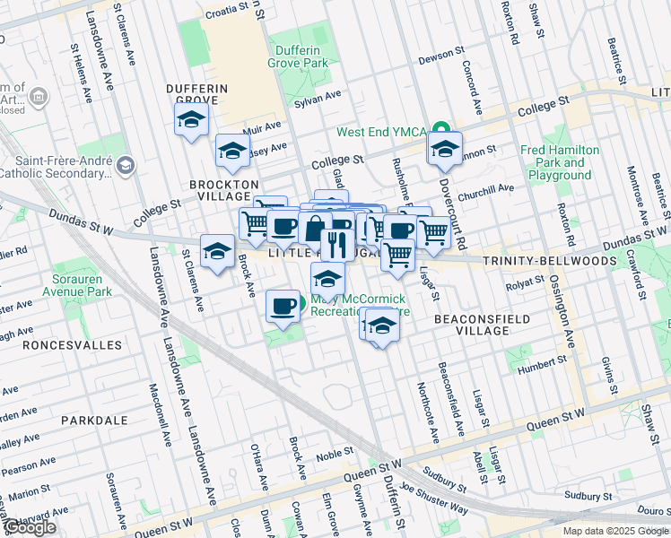 map of restaurants, bars, coffee shops, grocery stores, and more near in Toronto