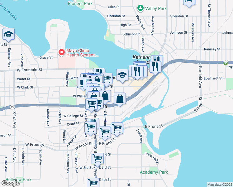 map of restaurants, bars, coffee shops, grocery stores, and more near 205 Elizabeth Avenue in Albert Lea