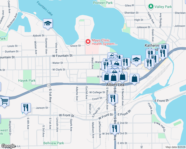 map of restaurants, bars, coffee shops, grocery stores, and more near 314 West William Street in Albert Lea