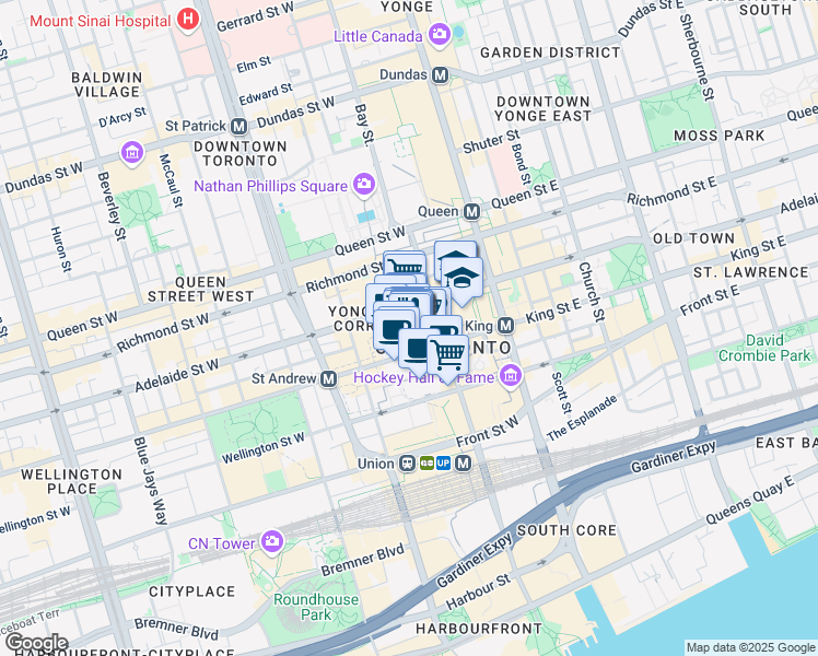 map of restaurants, bars, coffee shops, grocery stores, and more near 100 King Street West in Toronto