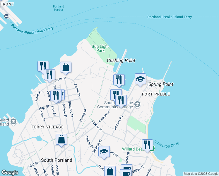 map of restaurants, bars, coffee shops, grocery stores, and more near 148 Breakwater Drive in South Portland