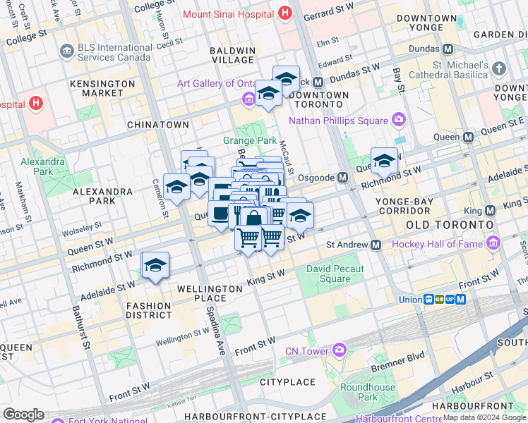 map of restaurants, bars, coffee shops, grocery stores, and more near in Toronto