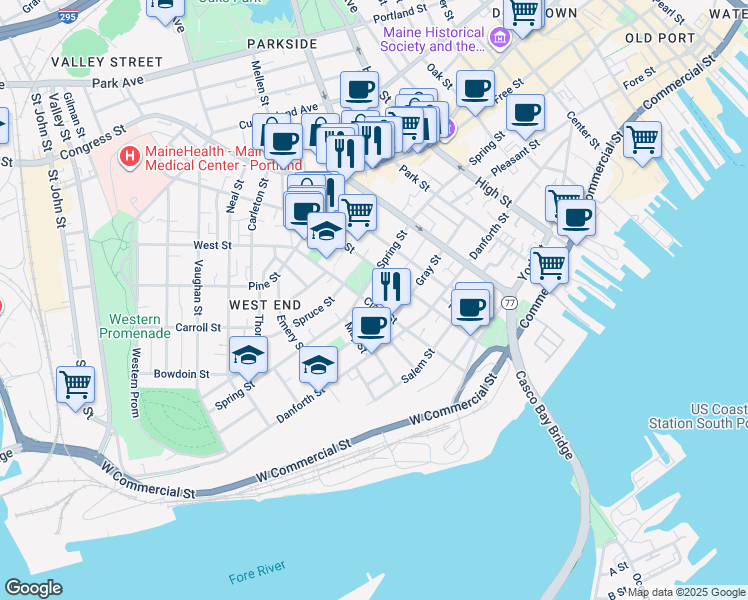 map of restaurants, bars, coffee shops, grocery stores, and more near 112 Clark Street in Portland