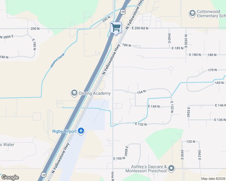 map of restaurants, bars, coffee shops, grocery stores, and more near 157 North 3900 East in Rigby
