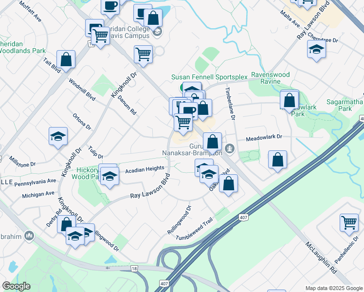 map of restaurants, bars, coffee shops, grocery stores, and more near 14 Fallen Oak Court in Brampton